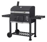 Barbecue au charbon de bois - Barbecue offset smoker - Acier inoxydable - Avec couvercle - Tablettes latérales et inférieure - Ventilation réglable - Chariot à roulettes - Décapsuleur