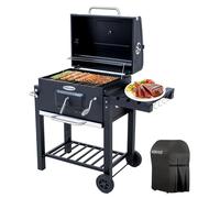 Barbecue au charbon de bois - BBQ-DC - Grille émaillée 56 cm - Grille de maintien au chaud 53,5 cm - Bac à charbon réglable - Table d'appoint rabattable - Roues et housse de protection contre la pluie