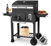Barbecue au charbon de bois - Chariot de barbecue XXL - Avec couvercle - Thermomètre - Barbecue fumoir avec 2 roues - 2 étagères pour camping et jardin - Noir