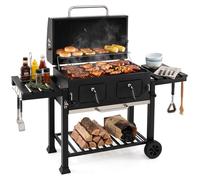 Barbecue au charbon de bois COSTWAY avec couvercle, chariot de barbecue XXL, barbecue sur pied avec 2 tables latérales, 2 bacs à charbon réglables en hauteur, thermomètre, grille de cuisson et housse