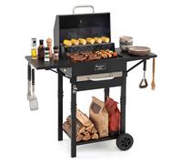 Barbecue au charbon de bois COSTWAY, petit, avec chariot, couvercle, 2 tables latérales, thermomètre, grille de cuisson, ouvre-bouteille et roulettes. Barbecue sur pied