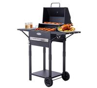 Barbecue au charbon de bois HOMAVO avec couvercle, surface de cuisson : 45 × 32 cm, bac à charbon réglable en hauteur sur 2 niveaux, table d'appoint, thermomètre