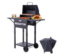 Barbecue au charbon de bois HOMAVO avec couvercle, surface de cuisson : 45 × 32 cm, bac à charbon réglable en hauteur sur 2 niveaux, table d'appoint, thermomètre, avec housses de protection