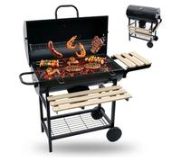 Barbecue au charbon de bois Relaxdays avec chariot, couvercle et thermomètre, barbecue mobile, barbecue de jardin XXL avec tablettes, noir/naturel