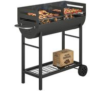 Barbecue au charbon de bois sur chariot avec 2 zones de cuisson, grille réglable en hauteur, tablette à bois, roues et poignée latérale, 103 x 46,5 x 100 cm