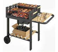 Barbecue au charbon de bois sur chariot avec grille réglable en hauteur sur 4 niveaux, 2 tablettes à bois, 2 roues et bac à cendres – 99,5 x 58 x 82 cm