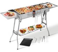 Barbecue au charbon de bois XXL - Grill de camping pliable - Acier inoxydable - 122x30x75 cm - avec plaque de cuisson antiadhésive - orifices de ventilation réglables - Argent