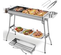 Barbecue au charbon de bois XXL - Grill de camping pliable - Acier inoxydable, dimensions 118x33x72 cm - avec plaque de cuisson antiadhésive, panier de rangement et accessoires - Barbecue de jardin po