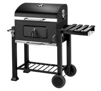 Barbecue au charbon en acier - Chariot barbecue portable - Double grille - Thermomètre - Bac à charbon réglable - Tablette latérale et roulettes - 107 × 115 × 68 cm - Noir