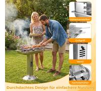 Barbecue au charbon en acier inoxydable résistant aux intempéries - Barbecue sur pied - Grille chromée réglable en hauteur - Bac à cendres - Ventilation - Allumage piézoélectrique - Sécurité en cas de
