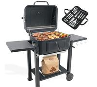 Barbecue Charbon de Bois avec Couvercle | Grille de Cuisson XL 54x43 cm | Hauteur de Braise Ajustable | 2 Tablettes Latérales Rabattables | Ustensiles Offerts | Récupérateur de Cendres | Ravigarden