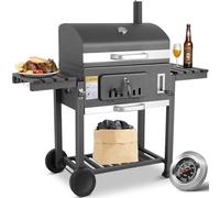 Barbecue Charbon de Bois Grande Taille XXXL, Barbecues à Charbon avec Couvercle, 2PCS Roues, Thermomètre et Cheminée, Grand Barbecue Bois Exterieur pour Camping et Jardin, Gris