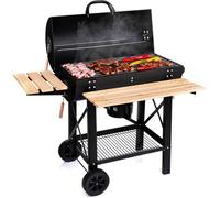 LEHMANN Barbecue Charbon de Bois avec Grille de Cuisson XL, avec Deux Étagères en Bois, Couvercle, Roulettes et Poignée non Chauffante, Barbecue à Charbon pour le Jardin, la Terrasse, le Camping
