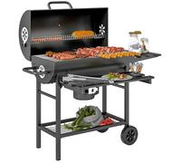 Barbecue charbon de bois - Outsunny - avec tablette avant pliable, couvercle avec thermomètre, 2 roues, tablette inférieure - noir