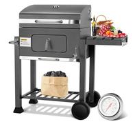 Barbecue Charbon de Bois XL, Chariot à Barbecue, Grill XL à Charbon avec Couvercle, 2PCS Roues, Thermomètre, Réglable en Hauteur, Grand Barbecue au Charbon de Bois, pour Camping et Jardin, Gris