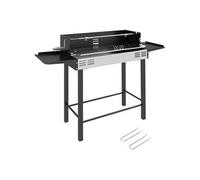 Barbecue charbon tourne broche grille - 2 tablettes latérales rabattables - acier inox noir