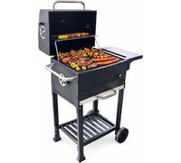 Barbecue de jardin au charbon de bois avec couvercle et cheminée, double grille chromée, réglage de la température, tiroir à cendres, tablette latérale, construction robuste en acier, cuisson indirect