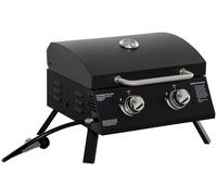 Barbecue de table à gaz avec 2 brûleurs, chariot mobile, petite grille, barbecue de table d'extérieur pour pique-nique avec détendeur et tuyau, en acier inoxydable noir, 55 x 46,5 x 41 cm