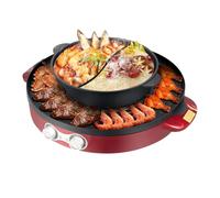 Barbecue électrique de table et hot pot 2000 W 220 V, 2 en 1 pour fête, contrôle de la température indépendant, hot pot électrique amovible avec grill pour cuire des steaks/viande (rouge)