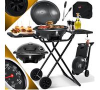 Barbecue électrique KESSER® 2 en 1 - Barbecue de table et sur pied avec couvercle et socle | 2400 W max. | Pliable | Thermomètre | Revêtement antiadhésif | Plateau de cuisson et table d'appoint | 2 ro
