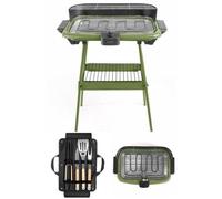 Barbecue Electrique sur Pieds ou de Table Vert 2000W + Set de 4 accessoires pour barbecue Acier inoxydable avec finition bois