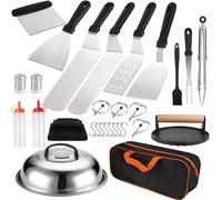 Barbecue et plaque de cuisson - Lot de 29 accessoires - Acier inoxydable - Spatule, presse à hamburgers, pince, brosse - Convient pour un usage alimentaire - Marron