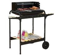 Barbecue fumoir au charbon de bois, structure métallique, dimensions 103 cm x 47 cm x 95 cm, surface de cuisson 53 cm x 34 cm, hauteur de grille réglable sur 5 positions, 2 roues pour faciliter le dép