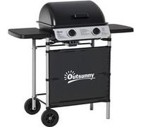 Outsunny Barbecue Gaz 2 Brûleurs en Acier Inoxydable, Puissance 2,8 kW, Barbecue de Jardin, 2 Grilles en Chromé, 2 Étagères Latérales, 2 Roues, pour Camping, Balcon et Terrasse, Noir