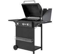 Outsunny Barbecue gaz 3+1 brûleurs en acier, puissance 9,5 kW, barbecue de jardin 2 grilles en chromé, étagères latérales, 2 roues, thermomètre, couvercle, pour camping et terrasse, noir