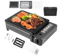 Barbecue Gaz Camping 2en1 Grille Plaque Réchaud 3,2kg Kit Mallette | Barbecue gaz camping 2en1 grille/plaque 3,2kg, réchaud double alim butane/GPL, flamme réglable, kit mallette.