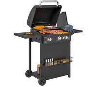 Outsunny Barbecue gaz 3+1 brûleurs en acier, puissance 9,5 kW, barbecue de jardin 2 grilles en chromé, étagères latérales, 2 roues, thermomètre, couvercle, pour camping et terrasse, noir