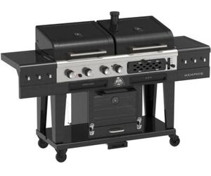 Barbecue gaz PITBOSS MEMPHIS 2.0, sur chariot , une zone de cuisson gaz, une charbon et un fumoir électrique 3 étages.