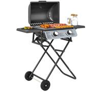 Barbecue gaz transportable - Outsunny - pliable - 2 brûleurs 5,6 kW - avec étagères latérales, thermomètre, couvercle, roues - noir