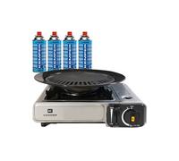 KEMPER Barbecue 2 en 1 – Réchaud gaz piézo 2200 W + Plaque grill + 4 cartouches butane Camping