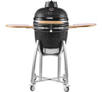 Barbecue Kamado - Fumoir en céramique Ø 45 cm - Thermomètre jusqu'à 400 °C - Air supérieur/inférieur réglable - Support métallique avec roulettes - Poignées en bois et tablettes latérales - Pour barbe
