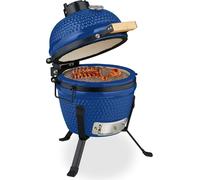 Barbecue Kamado Relaxdays, Ø 32 cm, barbecue en céramique avec thermomètre jusqu'à 450 °C, barbecue, grillades, cuisson et cuisson au four, fumoir, bleu