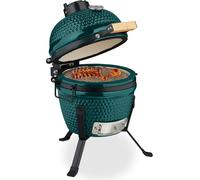 Barbecue Kamado Relaxdays, Ø 32 cm, barbecue en céramique avec thermomètre jusqu'à 450 °C, barbecue, grillades, cuisson et cuisson au four, fumoir, vert