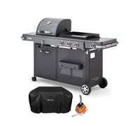BRASERO BY FAVEX - Barbecue Plancha Bi-Energy XL Gaz & Charbon - 3 brûleurs 10,8 kW - Plancha fonte émaillée 60 x 42 cm - 14 convives - Housse + Kit spatules inox inclus - LONGTIME®