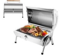 Barbecue Portable 2 en 1 - SunJas - BBQ à Charbon Inox Mini Grill de Table pour Jardin Balcon Voyage Camping - Argent