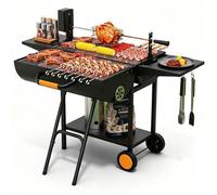 Barbecue Portable à Charbon de Bois avec Tourne Broche Électrique, 3 en 1 Chariot à Barbecue avec Couvercle, pour Balcon