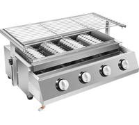 Barbecue portable - Barbecue à gaz - Acier inoxydable - Quatre brûleurs avec régulateurs séparés - Allumage électrique - Grille réglable en hauteur 0-7 cm - Gaz liquéfié (GPL) 2800 Pa - Argent