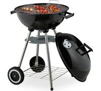 Barbecue sphérique Relaxdays, Ø 44 cm, grille, barbecue sphérique avec cendrier, barbecue au charbon de bois à roulettes, barbecue, noir