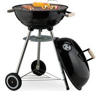 Barbecue sphérique Relaxdays, grille de cuisson de 44 cm de diamètre, barbecue d'extérieur, barbecue au charbon de bois avec roulettes et pied, bac de récupération, fumoir, noir