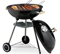 Barbecue sphérique Relaxdays, grille de cuisson de 54 cm de diamètre, barbecue d'extérieur, barbecue au charbon de bois avec roulettes et pied, bac de récupération, fumoir, noir