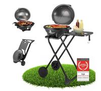 TZS First Austria - Barbecue électrique 2 en 1 de table & sol 2400W - BBQ pliable pour balcon et terrasse avec couvercle et chariot - Gril sphérique avec thermomètre et plateau ramasse-graisse