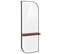 Barberpub Miroir Mural Lumineux, Miroir Pleine Hauteur Cadre alu, Grand Miroir avec Tablette, Toucher, 3 Teintes Lumineuses dimmables, pour Salon Coiffure, 17x65x170 cm, J6298 (Noir-Marron)
