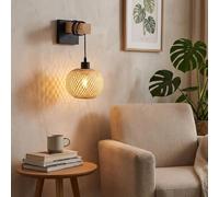 BARCELONA LED Applique Murale Shelley E27 Bois Et Rotin | Métal Noir, 350 X 200 X 120 Mm, Intérieur IP20, Style Rustique, Jusqu’à 60W