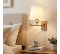 BARCELONA LED Clark Applique E27 Avec Bras Articulé Et Prise Doré | Aluminium, abat-jour blanc en tissu, câble 145 cm, IP20, jusqu’à 40 W, chambre, bureau, coin lecture