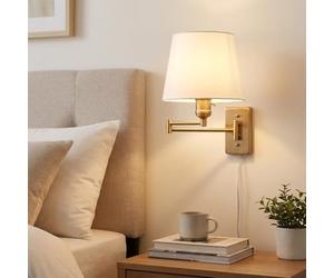 BARCELONA LED Clark Applique E27 Avec Bras Articulé Et Prise Doré | Aluminium, abat-jour blanc en tissu, câble 145 cm, IP20, jusqu’à 40 W, chambre, bureau, coin lecture