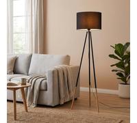 BARCELONA LED Lampadaire avec Tablette Intégrée et Trépied Mandi, Lampadaire de Salon Moderne et Vintage, Abat-jour en Tissu Noir, Trépied en Bois et Aluminium, Douille E27, Idéal Lecture